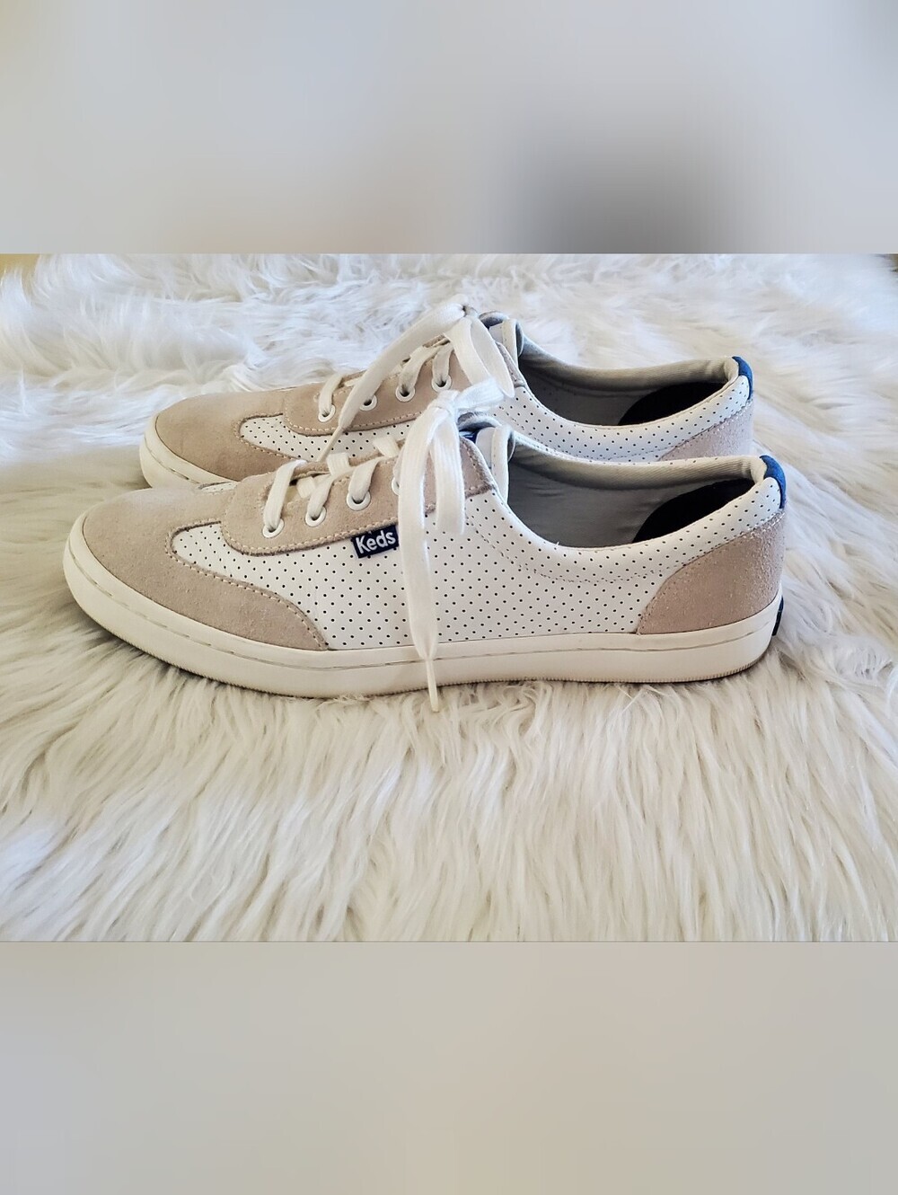 Keds Leather & Suede Lace-Up Sneakers White Beige Casual Comfort Shoes Size 10